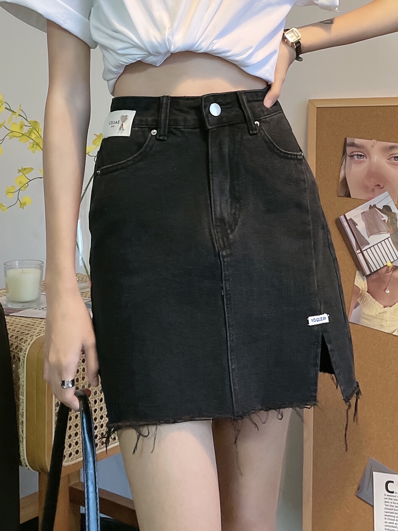 Women S -Waist Denim Skirt, Color Black, Non-Stretch Cotton , Regular Fit, with Split Hem and Detail, for Spring/Summer/Fall - Woven Fabric details 0