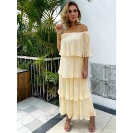 Solid Off-shoulder Tiered Dress, Elegant Straight Neck Ankle Length Dress, Women's Clothing