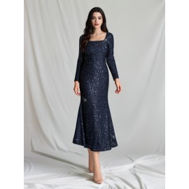 1pc Elegant Sequined Backless Maxi Dress for Women, Polyester Knit Fabric, Square Neckline, Solid Color, Versatile for All Seasons, Mother'S Wedding Party Gown