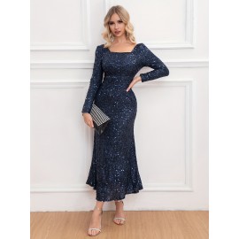 1pc Elegant Sequined Backless Maxi Dress for Women, Polyester Knit Fabric, Square Neckline, Solid Color, Versatile for All Seasons, Mother'S Wedding Party Gown