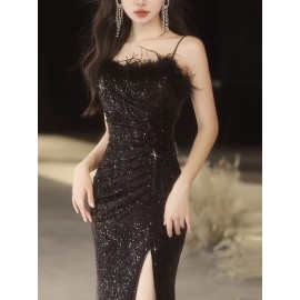Elegant Black Sequin Evening Gown for Women - Luxurious Off-Shoulder, Sleeveless with Belt & Side Slit, Perfect for Parties & Banquets