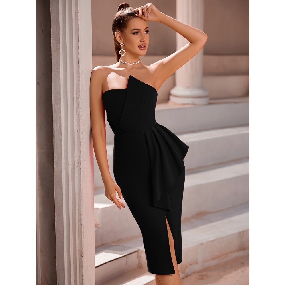 Stunning Ruffle Trim Bodycon Dress - Bridesmaid Dresses with Asymmetrical Neck, Elegant Backless, High Slit, Party & Banquet Wear for Women - Elegant and Chic Clothing for Special Occasions Stunning Ruffle Trim Bodycon Dress - Bridesmaid Dresses with Asymmetrical Neck, Elegant Backless, High Slit, Party & Banquet Wear for Women - Elegant and Chic Clothing for Special Occasions