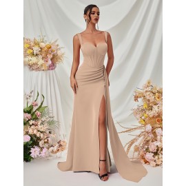 Elegant Spaghetti Strap Backless Gown with Thigh-High Slit - Perfect for Parties & Formal Events, Women's Evening Dress
