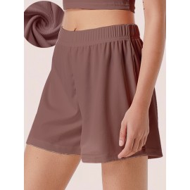 Sold Ribbed Elastic Waist Shorts, Casual Basic Shorts For Summer & Spring, Women's Clothing