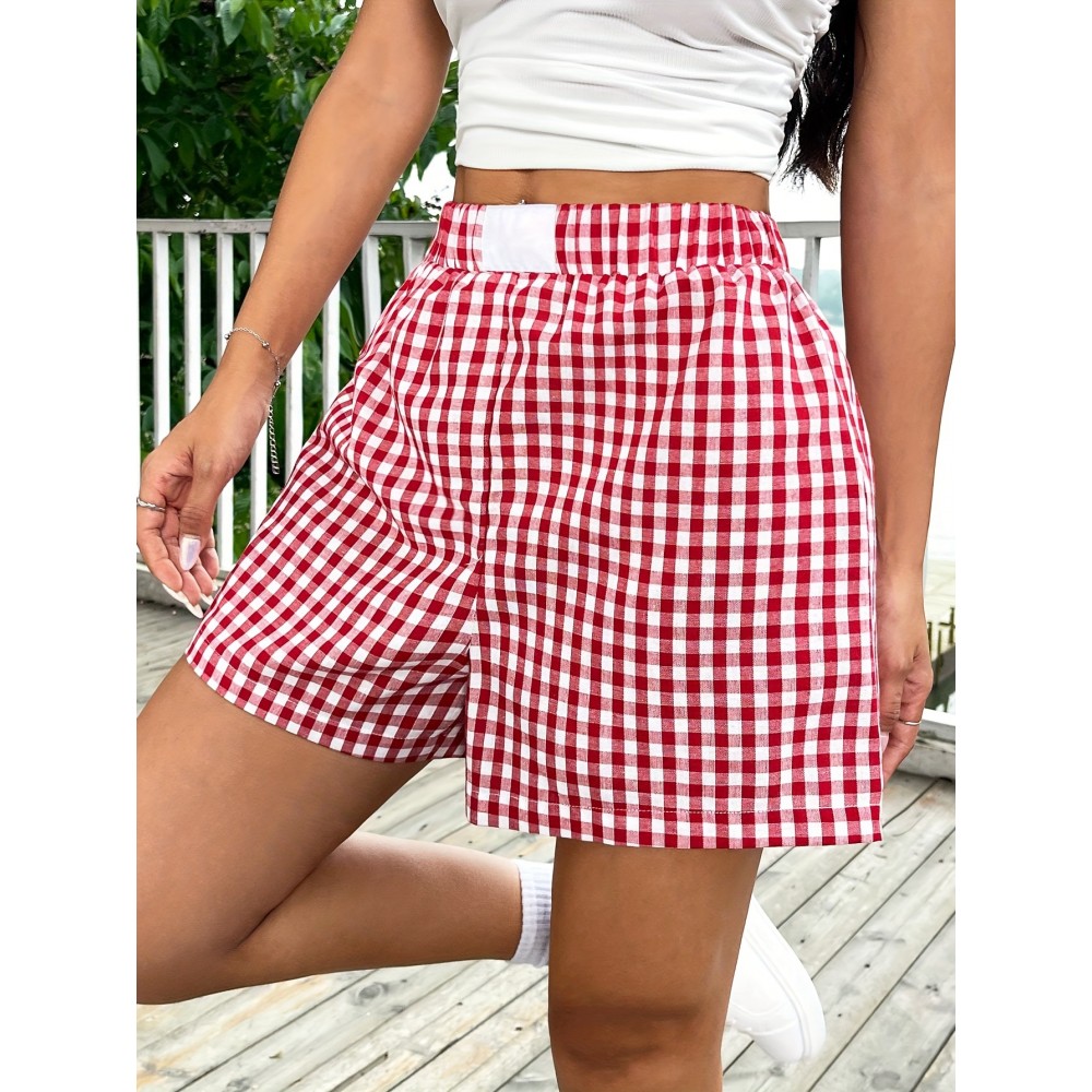 Plaid Elastic Waist Shorts, Casual Shorts For Spring & Summer, Women's Clothing Plaid Elastic Waist Shorts, Casual Shorts For Spring & Summer, Women's Clothing