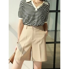 Button Front High Waist Shorts, Casual Solid Color Slant Pockets Loose Shorts For Spring & Summer, Women's Clothing