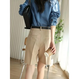 Button Front High Waist Shorts, Casual Solid Color Slant Pockets Loose Shorts For Spring & Summer, Women's Clothing