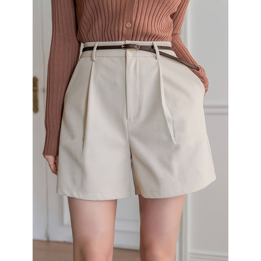 Women'S High-Waisted Straight Pants Shorts with Slant Pockets and Pleats, Solid Color, Woven Polyester, All-Season Women'S High-Waisted Straight Pants Shorts with Slant Pockets and Pleats, Solid Color, Woven Polyester, All-Season