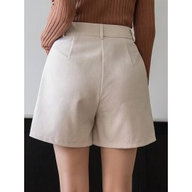 Women'S High-Waisted Straight Pants Shorts with Slant Pockets and Pleats, Solid Color, Woven Polyester, All-Season