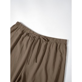 1pc Women'S Casual Polyester Shorts, Solid Color, All-Season, Woven Fabric, with Fake Drawstring Detail