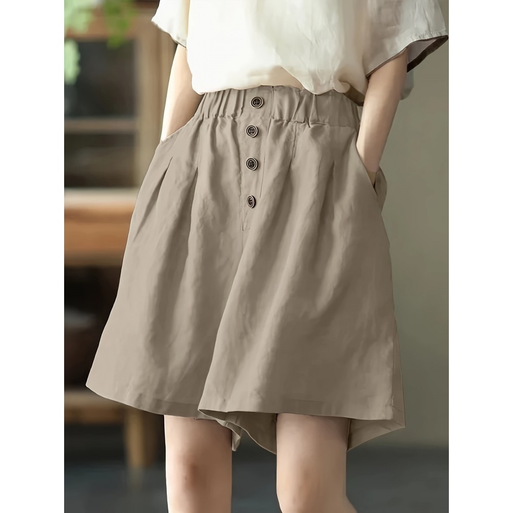 Women's Casual Cotton Shorts with Elastic Waistband and Decorative Buttons - Loose Fit, Solid Color, Machine Washable Women's Casual Cotton Shorts with Elastic Waistband and Decorative Buttons - Loose Fit, Solid Color, Machine Washable