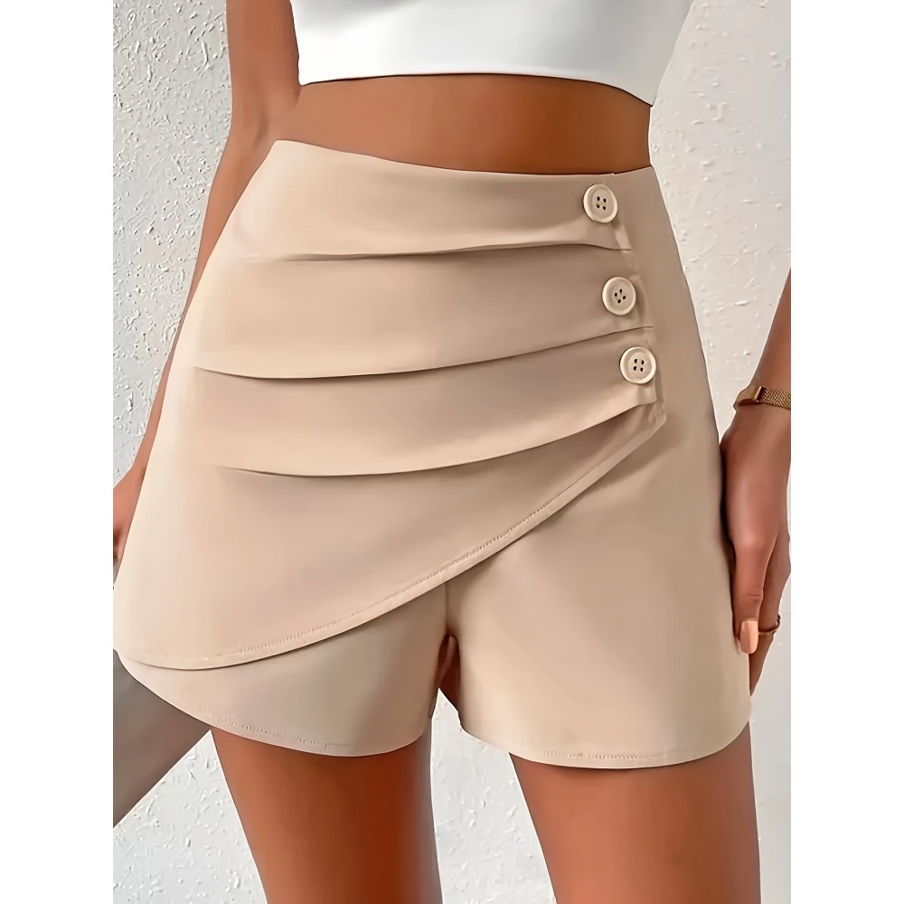 Trendy Ruched Asymmetrical Shorts - Fashionable Solid Color with Fake Buttons - Perfect for Spring & Summer - Chic Womens Casual Wear Trendy Ruched Asymmetrical Shorts - Fashionable Solid Color with Fake Buttons - Perfect for Spring & Summer - Chic Womens Casual Wear