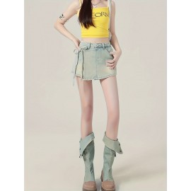 Stylish Women's Denim Skorts: Blue Tie Side Chic Skirted Shorts with Washed Effect