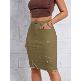 Hot Ripped High Waisted Bodycon Midi Denim Skirt, Women's Denim Jeans & Clothing