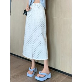 Elegant Whisker High Waist Maxi Denim Skirt - Women's Denim Skirts with Polka Dots Print, Stylish and Comfortable Design, Perfect for Casual Daily Wear and Outdoor Activities - Women's Denim Jeans & Clothing