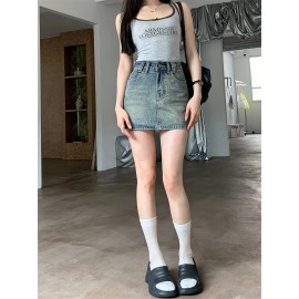 Chic High-Waist A-Line Denim Skirt with Built-In Liner - Casual, Non-Stretch, Machine Washable - Summer Fashion for Women