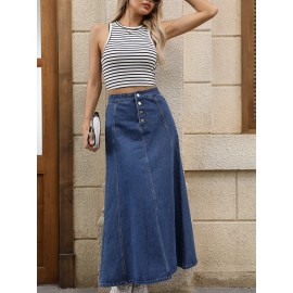 Plain Washed Blue Button Fly Casual Style A-line Maxi Denim Skirt, Women's Denim Jeans & Clothing