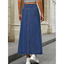 Single-breasted Plain Washed Blue Denim Skirt, Elegant High Rise Maxi Denim Skirt, Women's Denim Jeans & Clothing