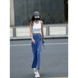 Women'S Elegant Denim Wrap Skirt - High Waist Lace-Up Slit Midi Skirt, Cotton Blend, Geometric Pattern, Woven Fabric, Non-Stretch for Spring/Summer/Fall