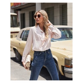 Women's Satin Silk Long Sleeve Blouse with Bow Tie Neck Office Work Wear Elegant Tops