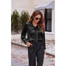 Women's Satin Silk Long Sleeve Blouse with Bow Tie Neck Office Work Wear Elegant Tops