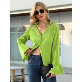 Textured Button Front Collared Blouse, Elegant Bell Sleeve Lettuce Trim Blouse, Women's Clothing