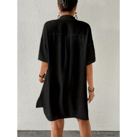 Women's Short Shirt Ice Silk Wrinkled Polo Neck Solid Color Button Elegant Casual Shirt