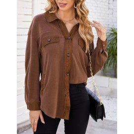 Drop Shoulder Button Front Shirt, Casual Long Sleeve With Pocket Shirt For Spring & Fall, Women's Clothing