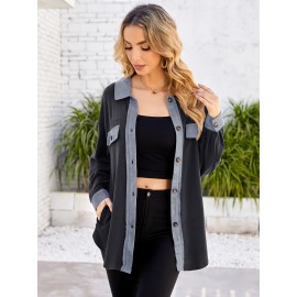 Drop Shoulder Button Front Shirt, Casual Long Sleeve With Pocket Shirt For Spring & Fall, Women's Clothing