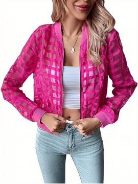 Women's Sheer Bomber Jacket Long Sleeve Baseball Collar Hollow Out Zip Up Jacket Outwear