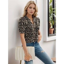 Floral Print Notched Neck Blouse, Casual Pleated Puff Sleeve Blouse For Spring & Summer, Women's Clothing